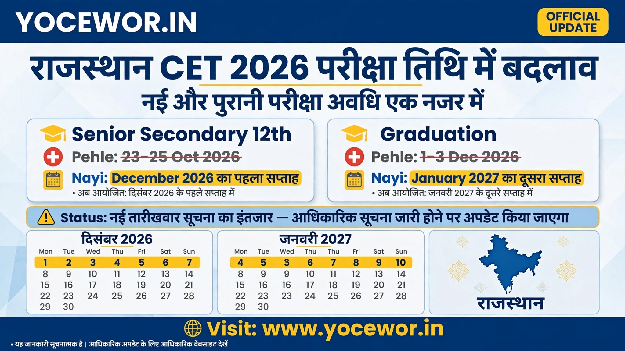 Rajasthan CET Exam Date Change 2026: 12वीं CET दिसंबर और Graduation CET जनवरी में होगी