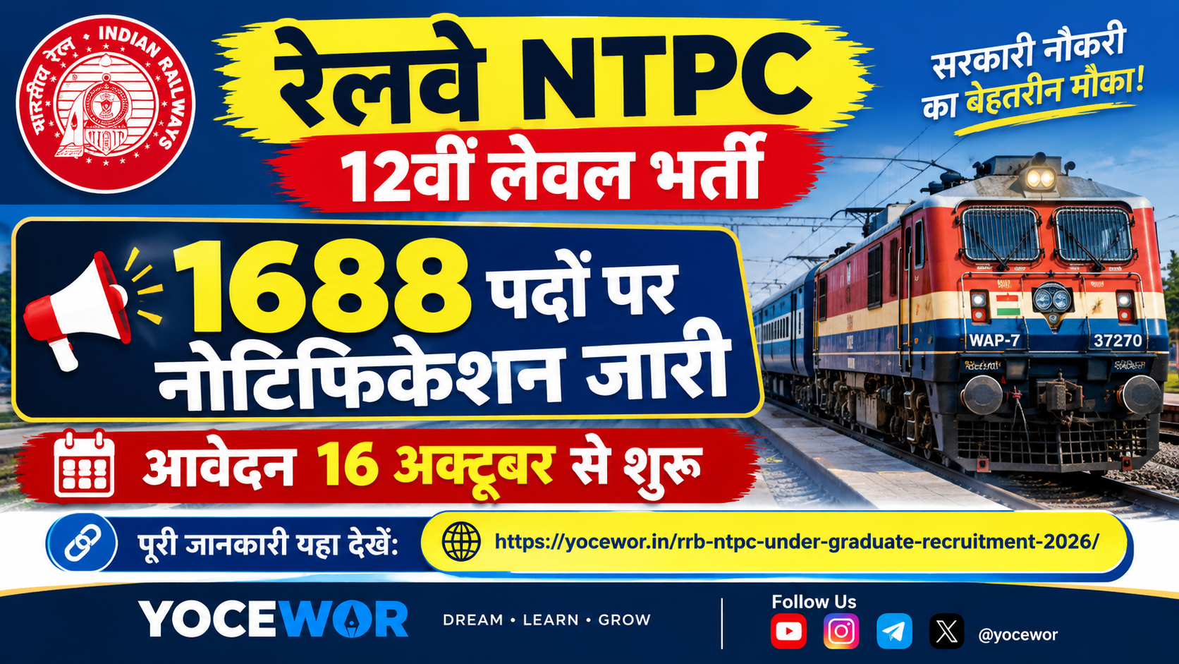 RRB NTPC Under Graduate Recruitment 2026: 1688 पद, आवेदन 15 अक्टूबर से