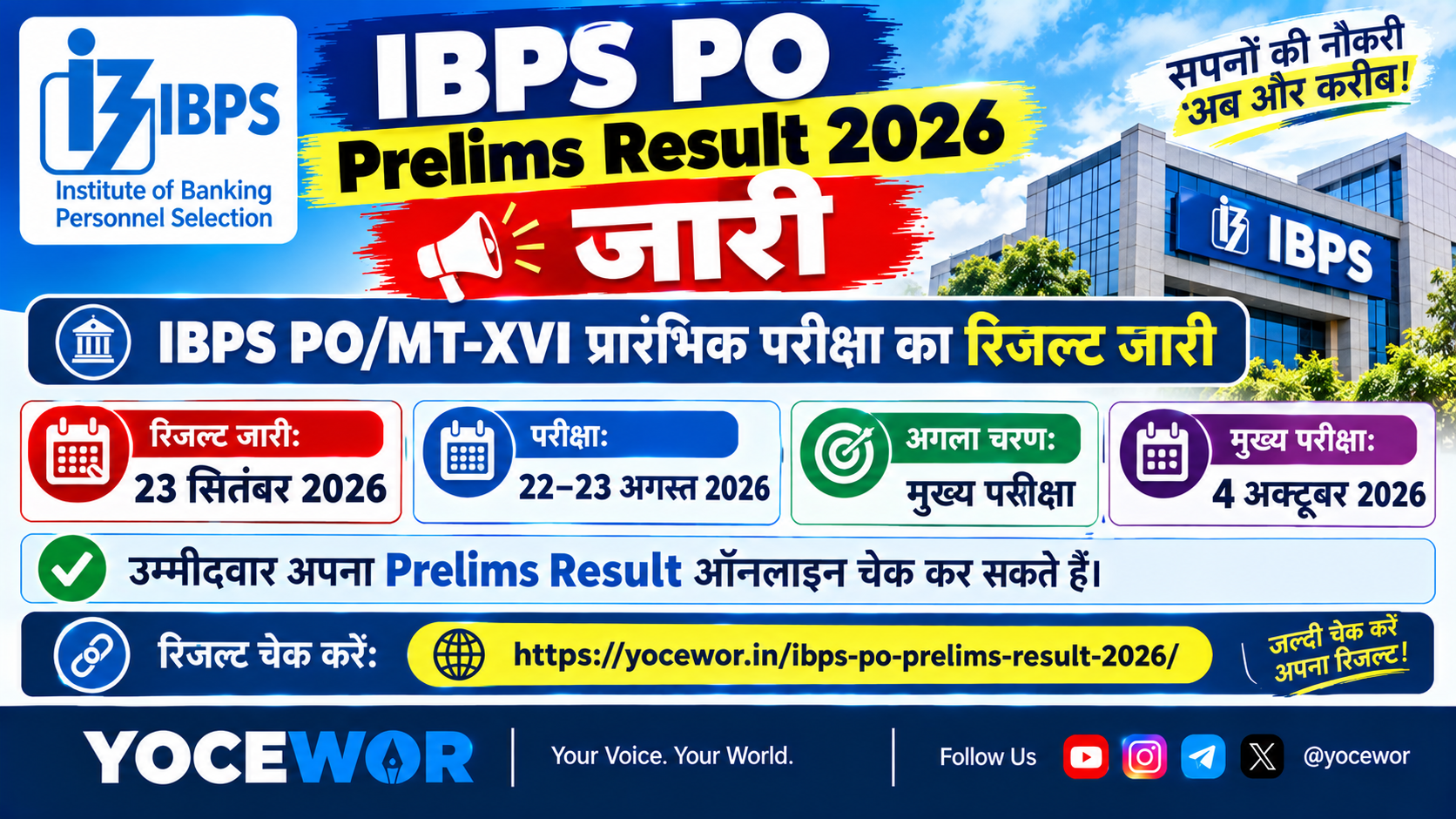 IBPS PO Prelims Result 2026 जारी: PO/MT-XVI प्रारंभिक परीक्षा का रिजल्ट चेक करें