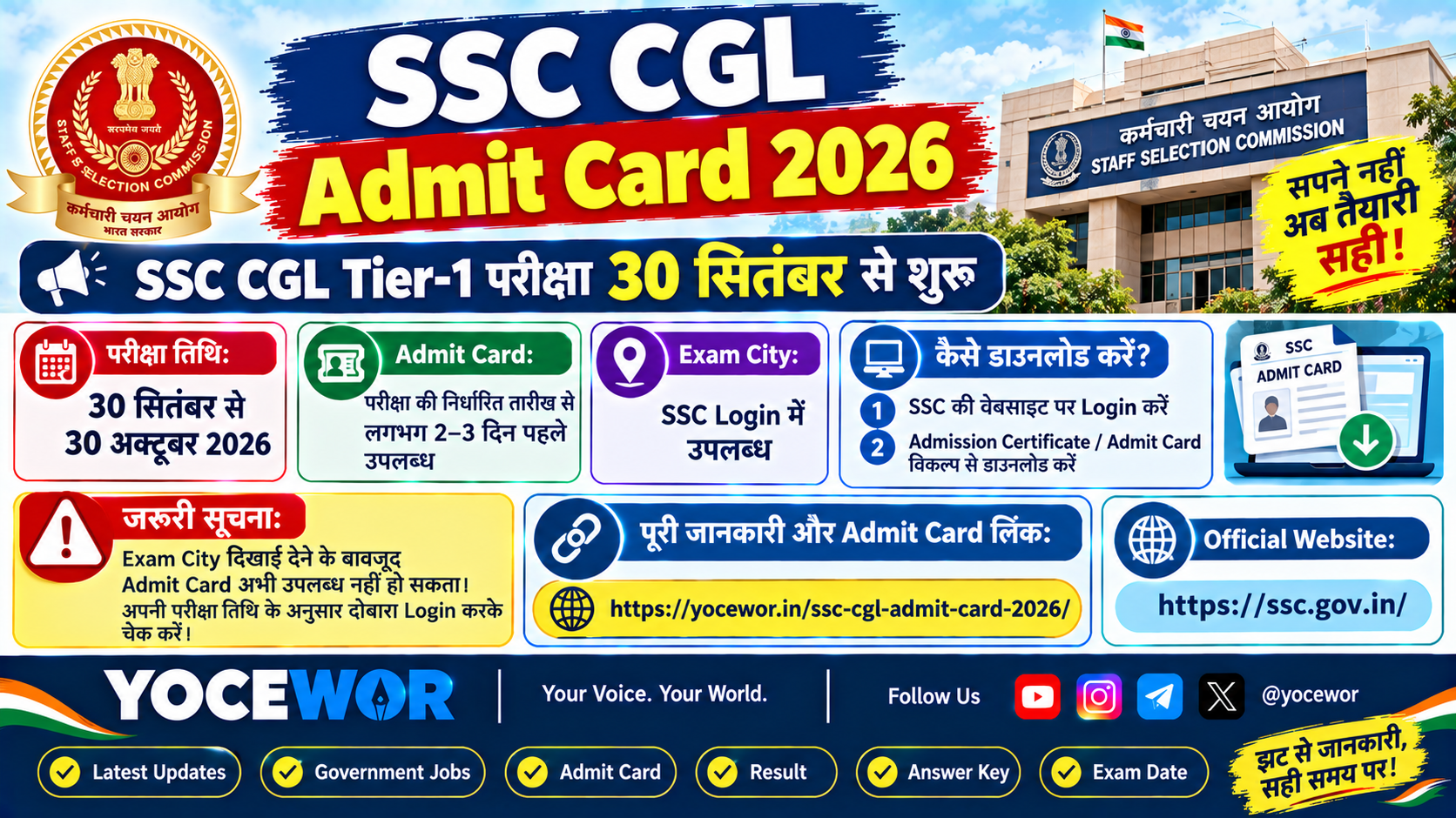 SSC CGL Admit Card 2026: टियर-1 प्रवेश पत्र डाउनलोड करें, 30 सितंबर से परीक्षा