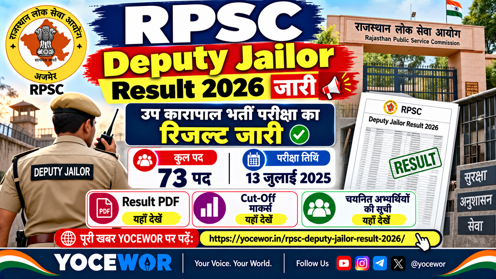 RPSC Deputy Jailor Result 2026 जारी: उप कारापाल भर्ती परीक्षा का परिणाम और कट-ऑफ यहाँ देखें