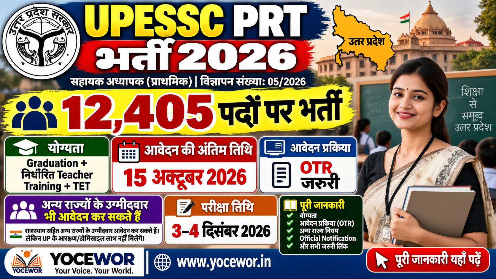 UPESSC PRT Assistant Teacher Recruitment 2026: 12,405 पदों पर भर्ती, आवेदन 15 अक्टूबर तक